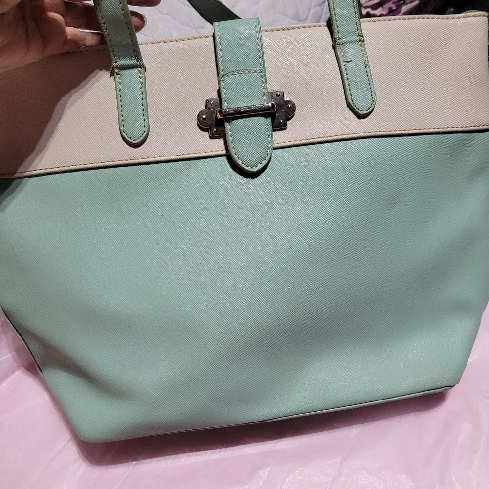 (3582) TOTE Bag, blue-green/cream, pre-owned